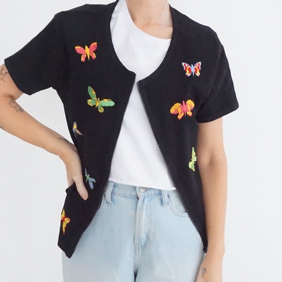 Sweaters - Vintage Richard Sport Black Butterfly Embroidered Zip Front Knit Vest L